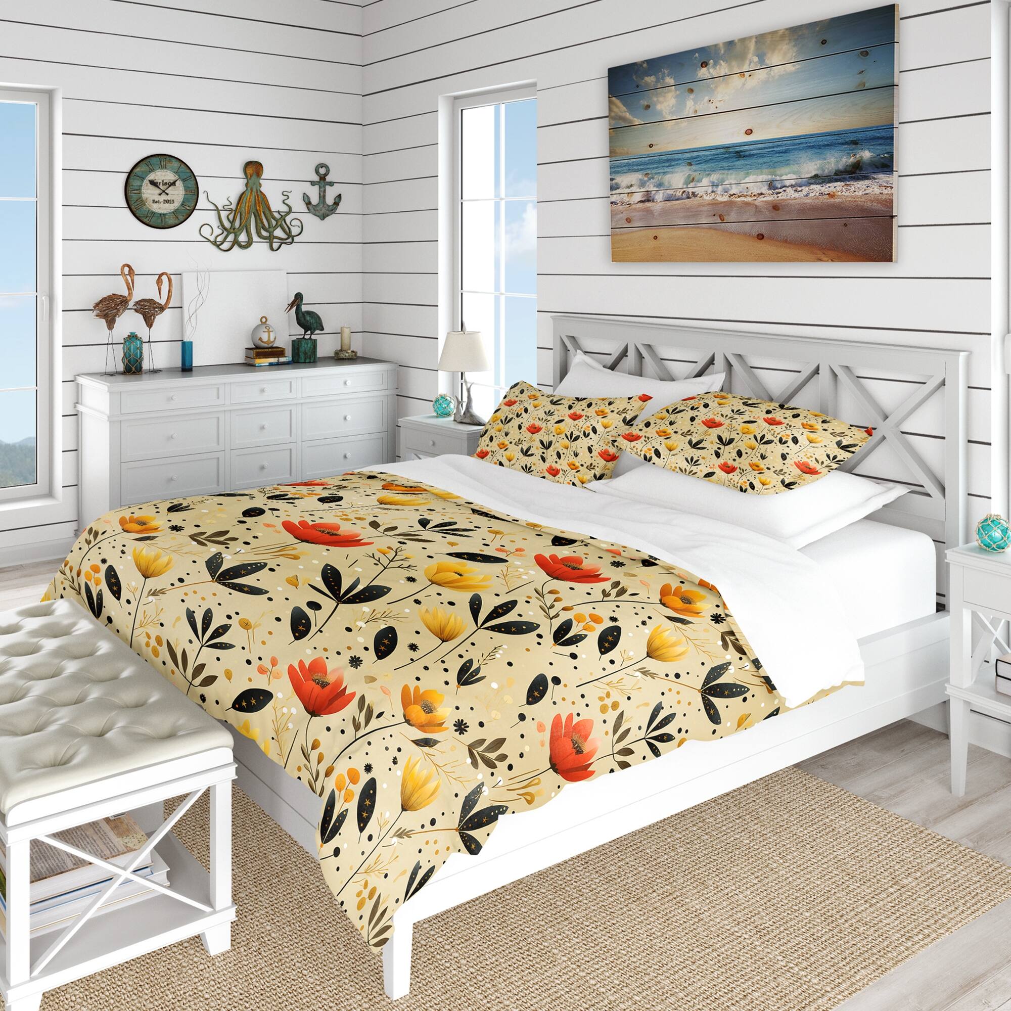 Designart "Sunset Ladybug Flowers I" Yellow Floral Bed Cover Set With 2